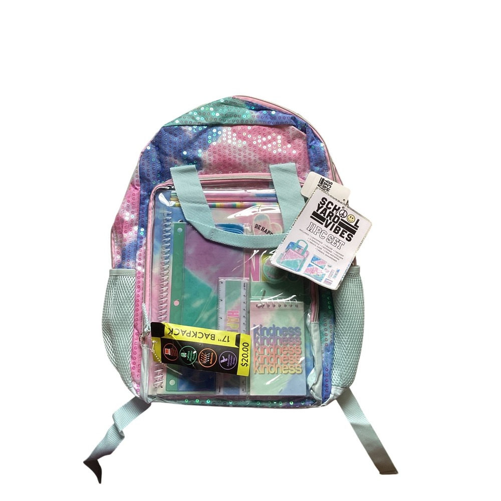 Schoolyard Vibes 11 Piece Backpack Set 17 Inch Sequin Tie Dye Pastel Kids School